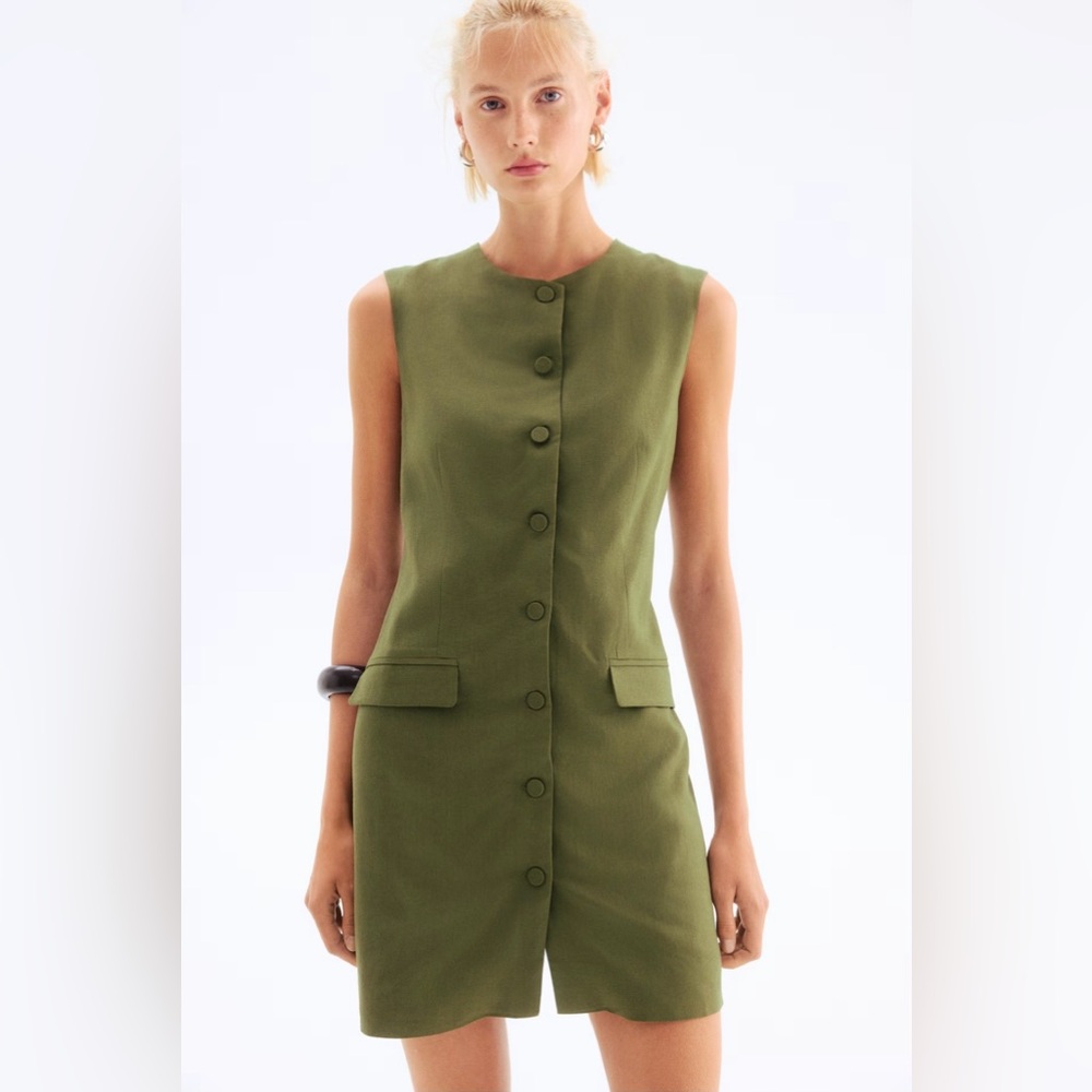 Sleeveless Olive Green Button-Front Vest Dress